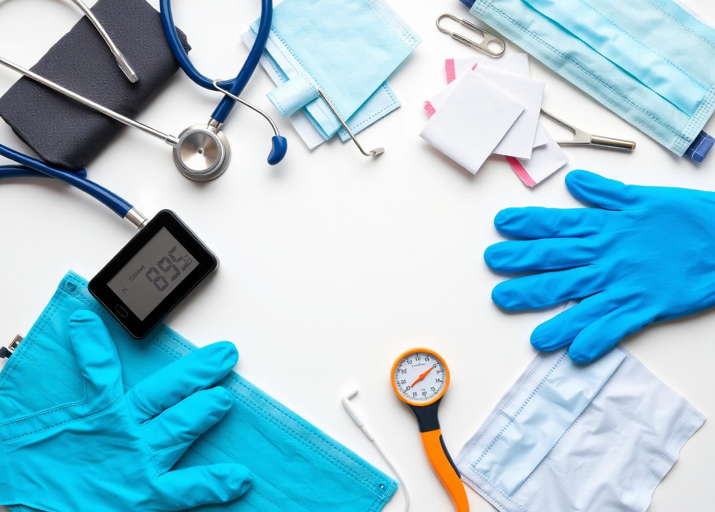 Medical supplies laid out on a white surface including stethoscope, gloves, masks and dressings