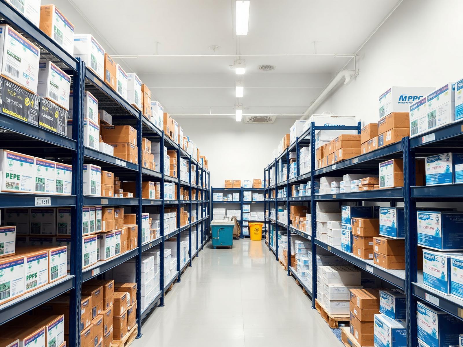Organized shelves of boxed medical supplies and PPE in a bright medical supply warehouse